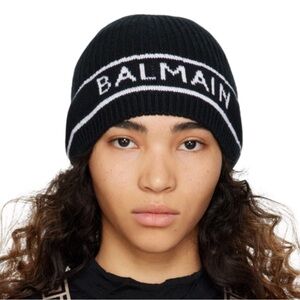 NWT!! BALMAIN Women's Wool and Cashmere Blend Black/White Logo Beanie